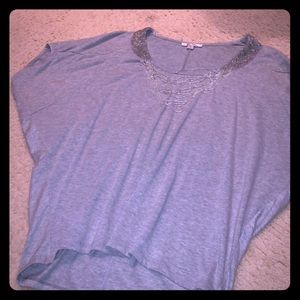 Gray top with bead necklace attached